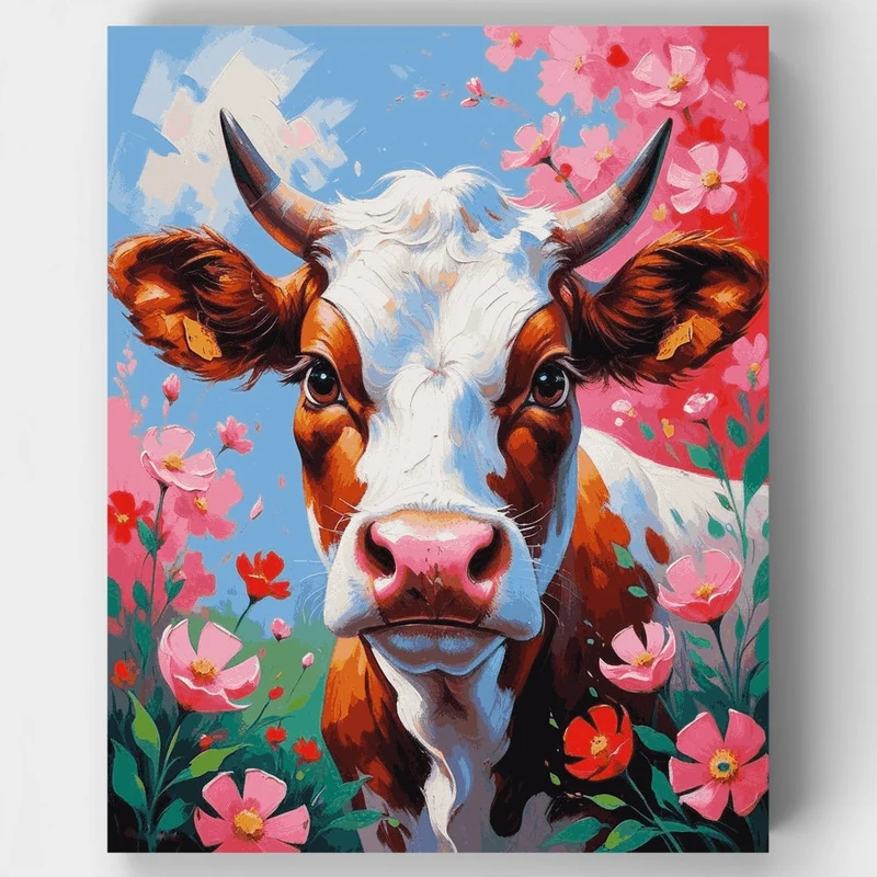 Cheerful Cow with Pink Flowers - Paint by Numbers Kit