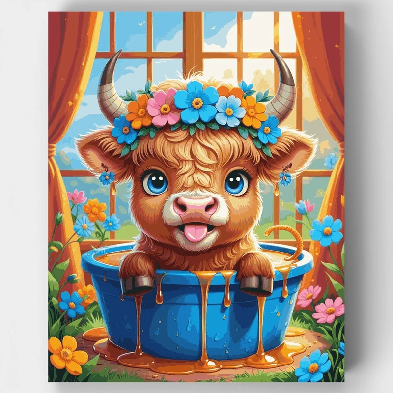 Highland Cow with Honey and Flowers - Paint by Numbers Kit