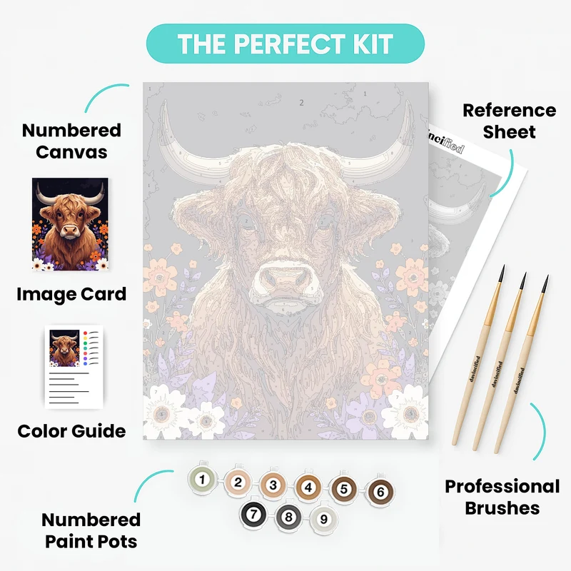 Highland Cow with Flowers - Paint by Numbers Kit