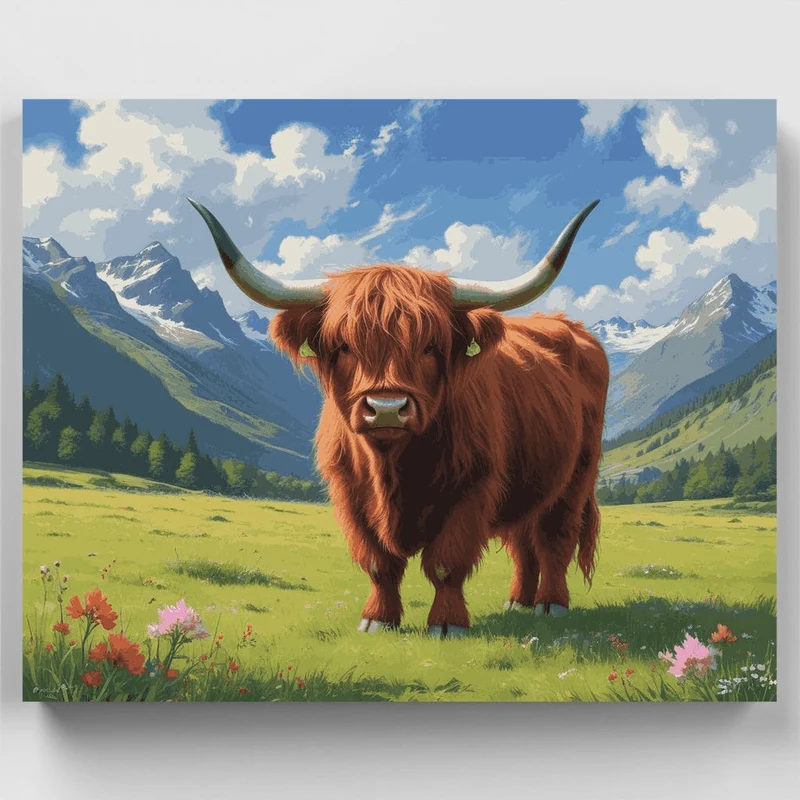 Highland Cow in Mountain Meadow - Paint by Numbers Kit