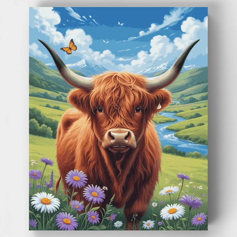 Highland Cow in Meadow - Paint by Numbers Kit