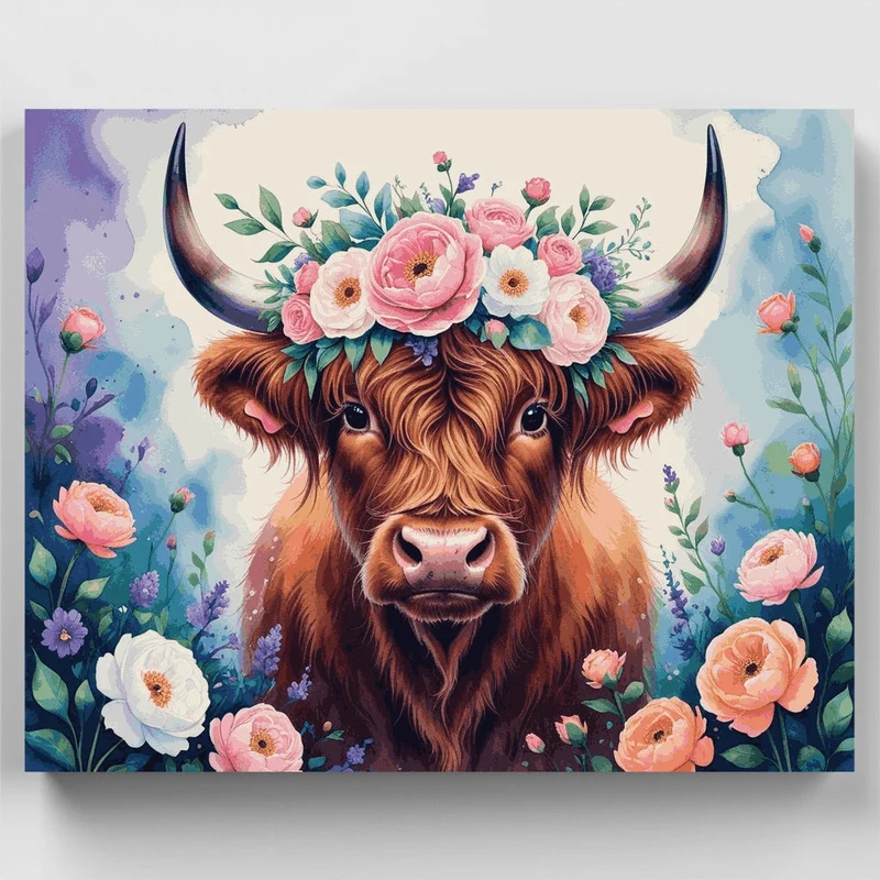 Floral Highland Cow with Wildflowers - Paint by Numbers Kit