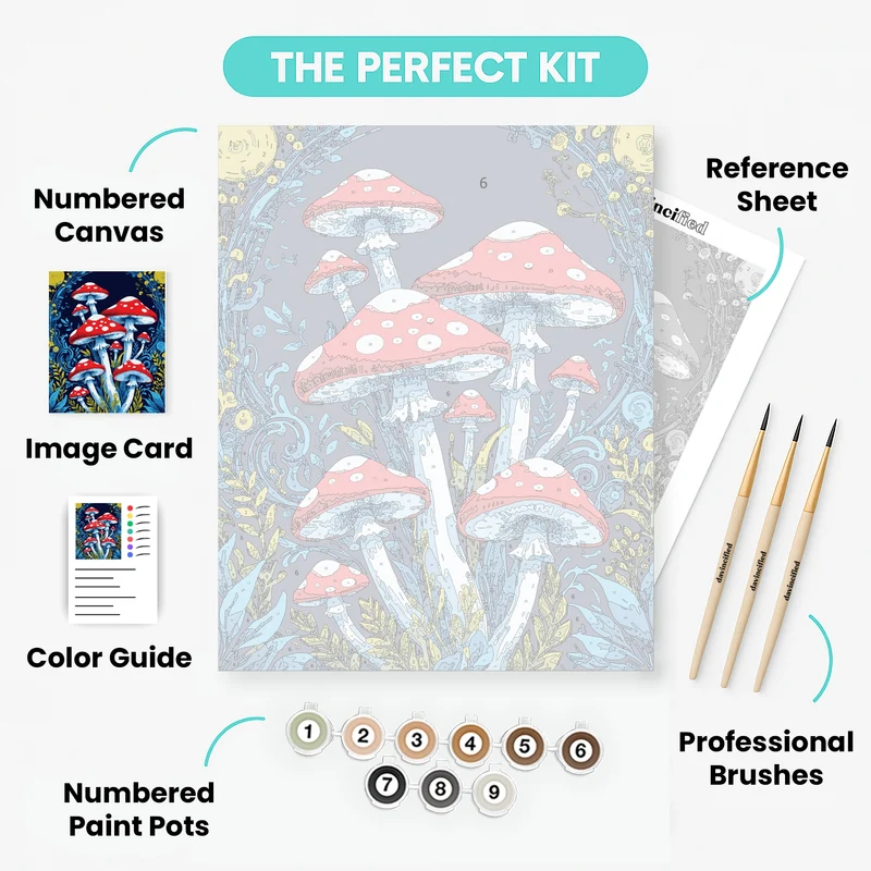 Whimsical Red Mushrooms in Enchanted Forest - Paint by Numbers Kit