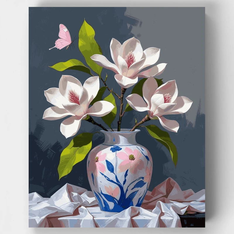 Magnolia Blossoms in Decorative Vase - Paint by Numbers Kit