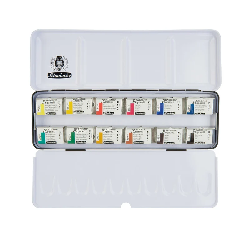 Schmincke AKADEMIE Aquarell Aquarellfarben-Set im Metallkasten, 12 ganze Näpfchen