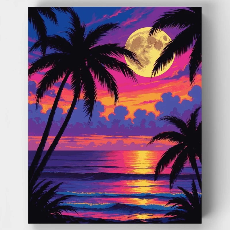 Vibrant Tropical Beach Sunset with Palm Trees - Paint by Numbers Kit