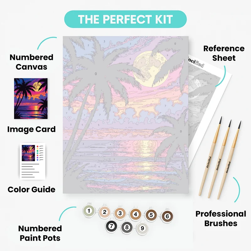 Vibrant Tropical Beach Sunset with Palm Trees - Paint by Numbers Kit