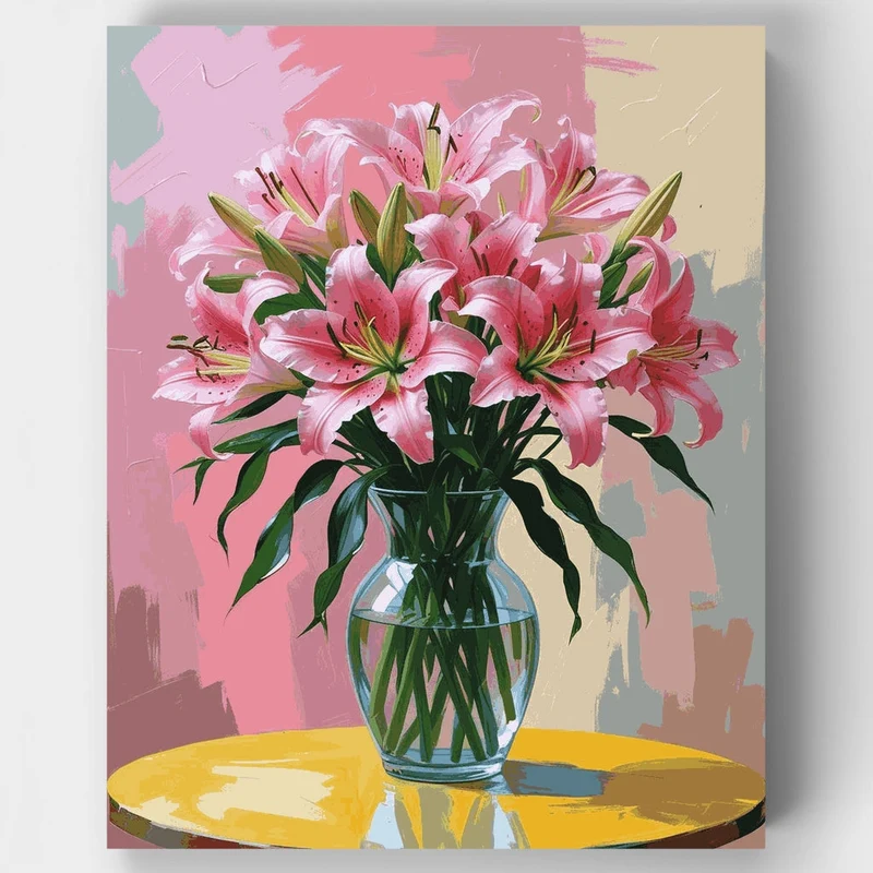 Pink Lilies in Glass Vase - Paint by Numbers Kit