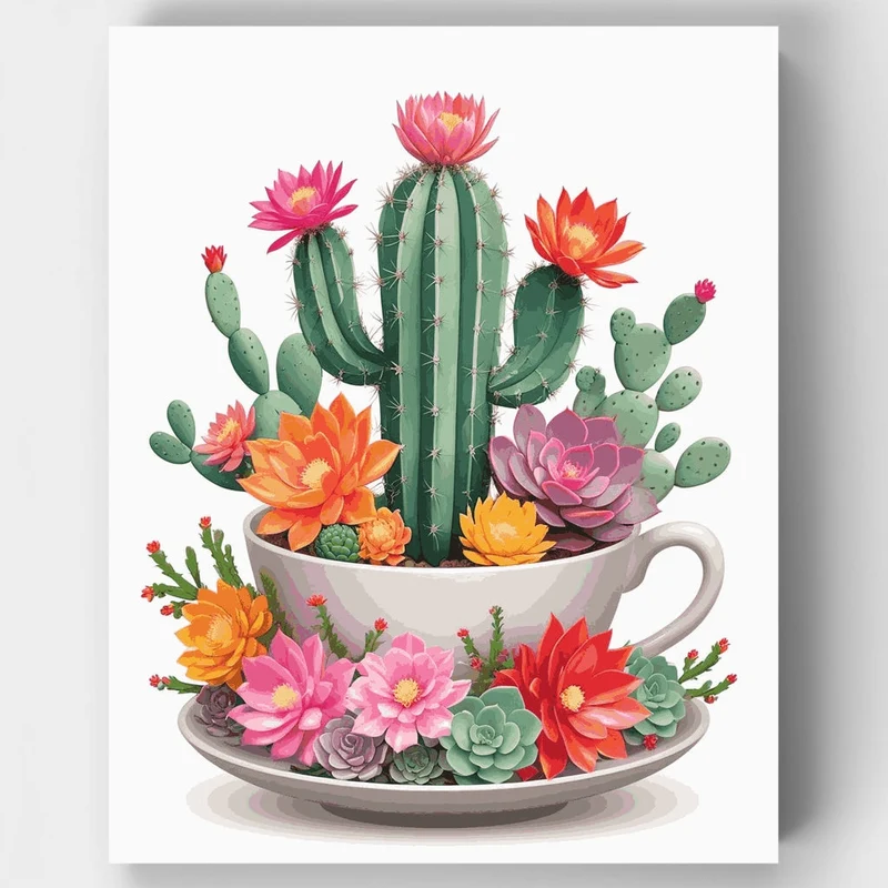 Blooming Cactus Garden in Teacup - Paint by Numbers Kit