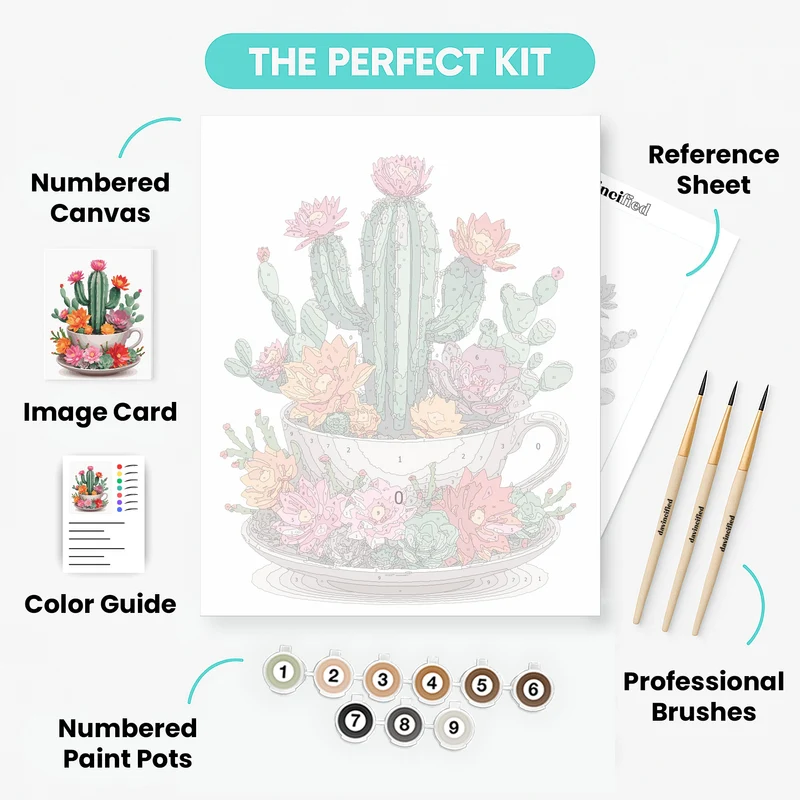 Blooming Cactus Garden in Teacup - Paint by Numbers Kit