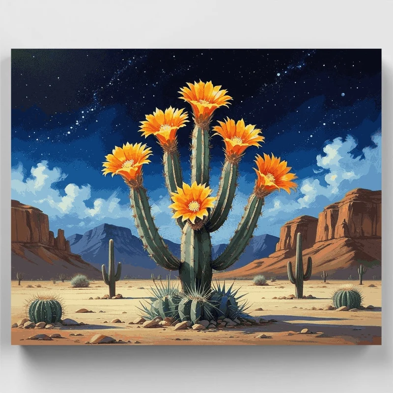 Desert Cactus Blooms Under Starry Sky - Paint by Numbers Kit