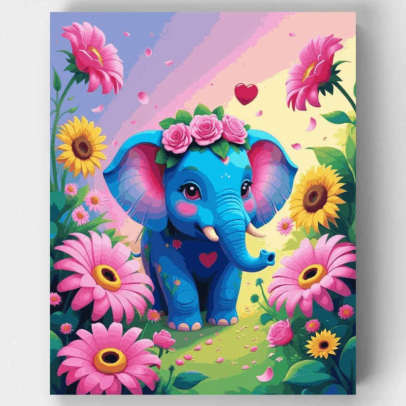 Blue Elephant in Flower Garden - Paint by Numbers Kit