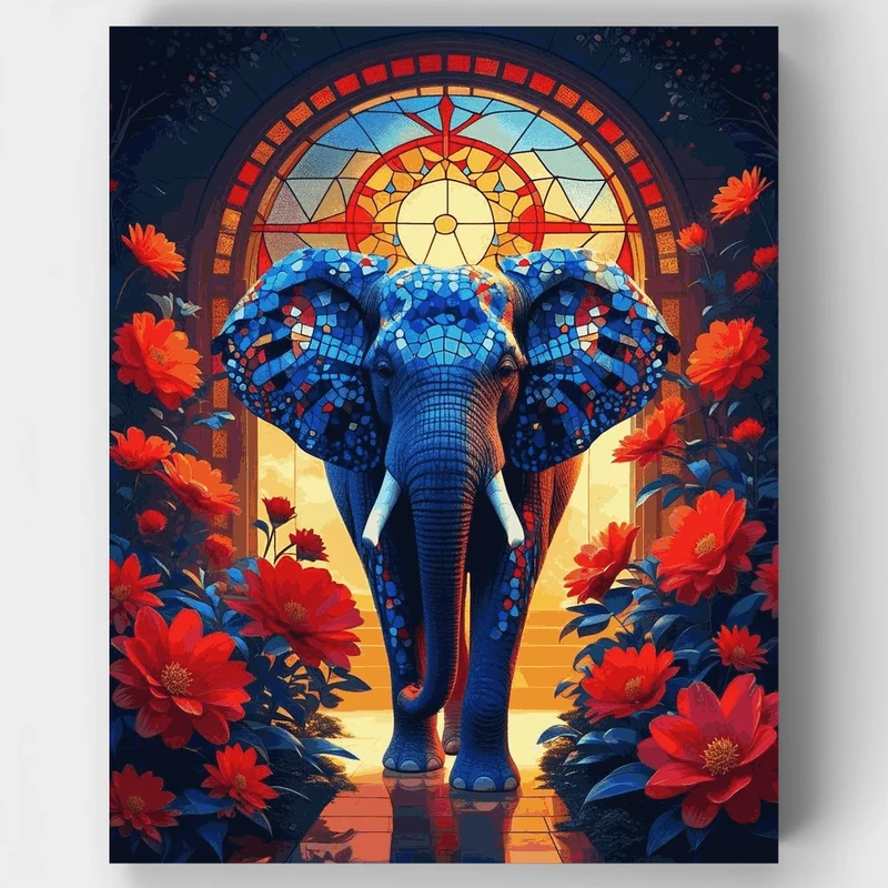 Mosaic Elephant with Stained Glass Window - Paint by Numbers Kit