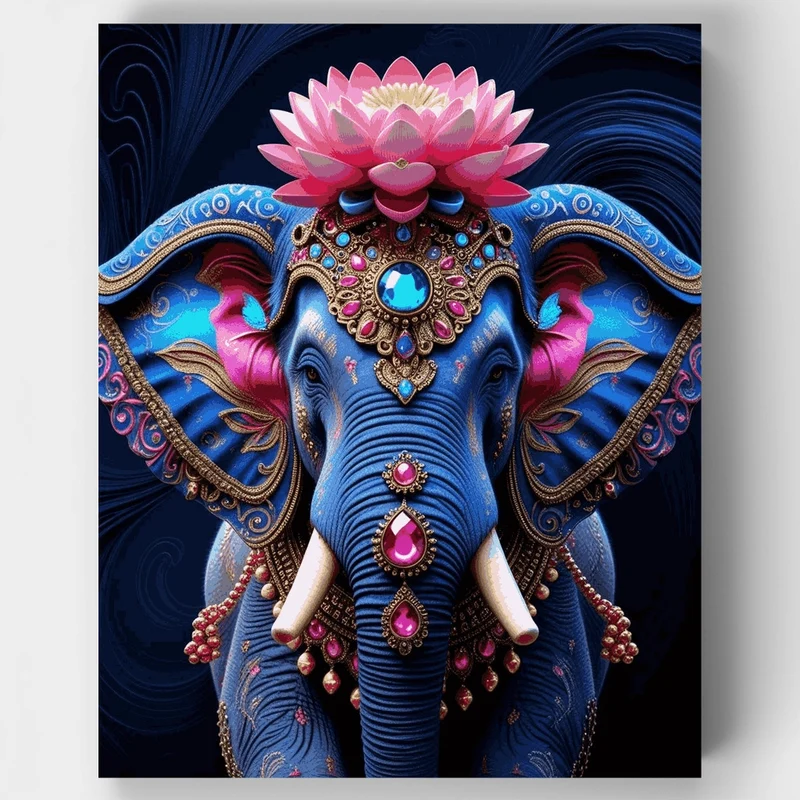 Ornate Blue Elephant with Lotus Crown - Paint by Numbers Kit