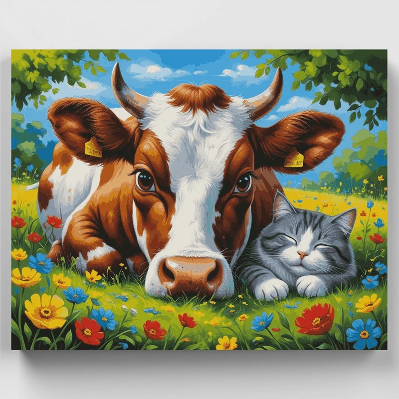 Cow and Cat Resting in Flower Meadow - Paint by Numbers Kit