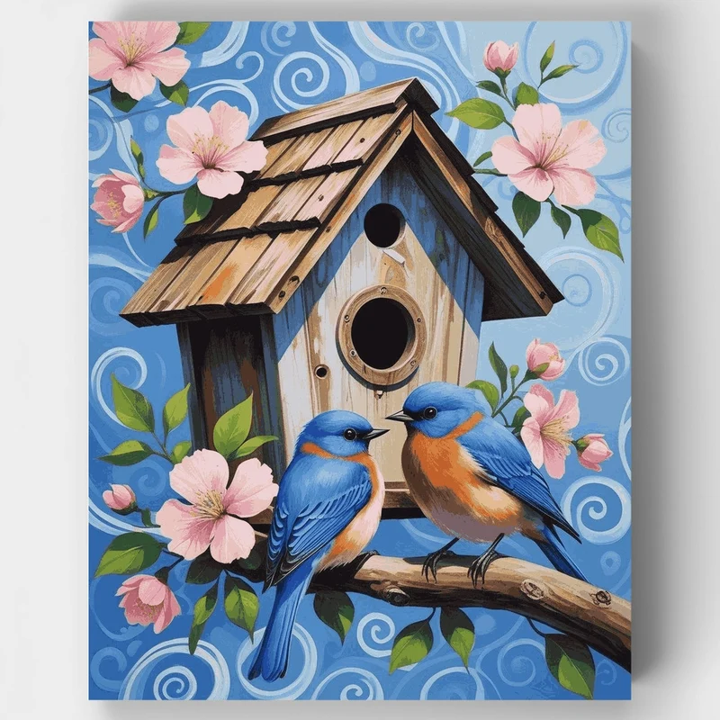 Bluebirds and Birdhouse with Pink Blossoms - Paint by Numbers Kit
