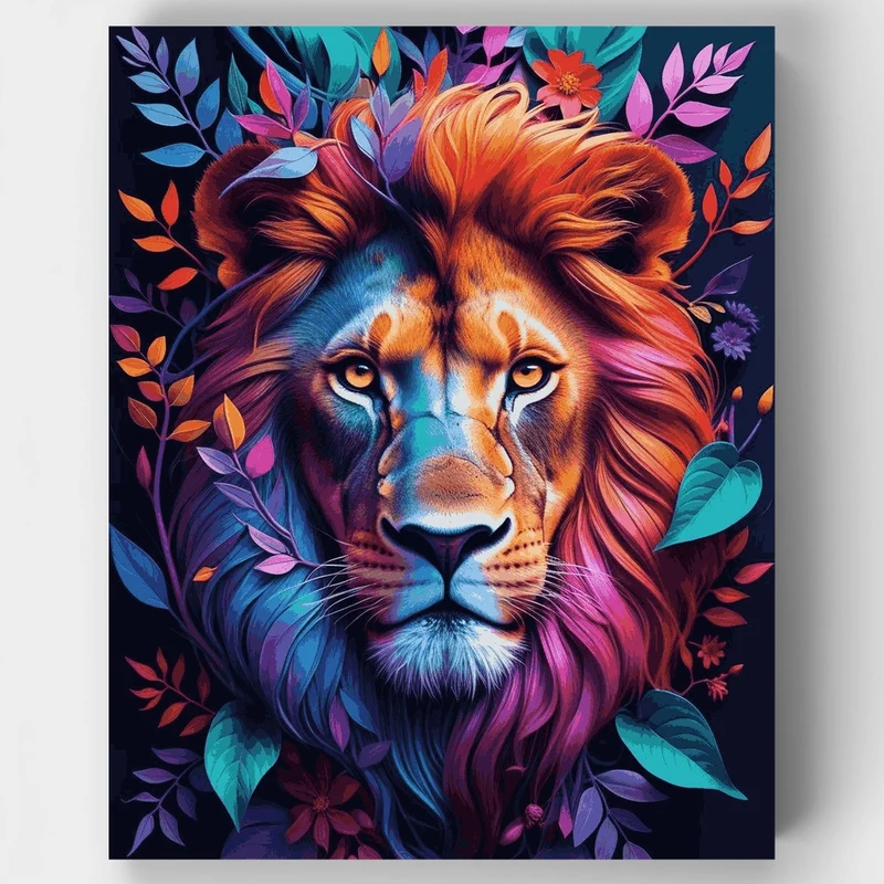 Vibrant Colorful Lion with Floral Mane - Paint by Numbers Kit