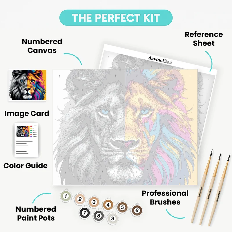Vibrant Lion Portrait Split Design - Paint by Numbers Kit