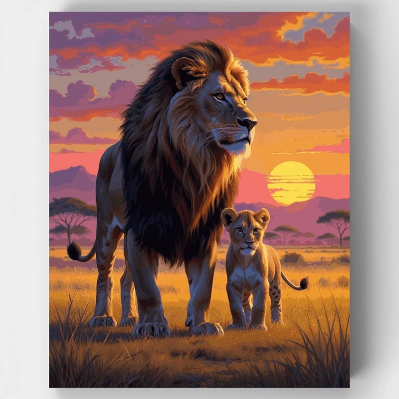 Majestic Lion and Cub at Sunset - Paint by Numbers Kit