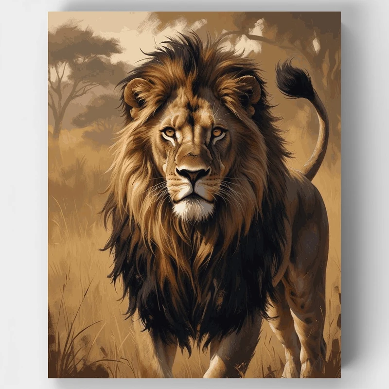 Powerful Male Lion in African Savanna - Paint by Numbers Kit