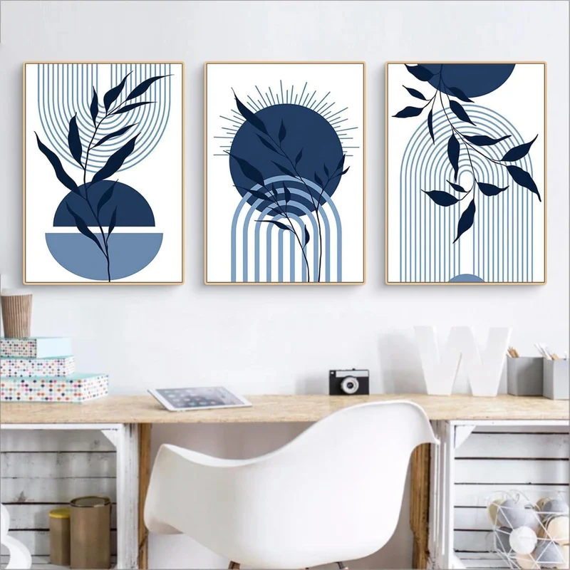 3er Boho Bilder Set Blau Abstrakt Pflanzen Wandposter 50x70cm