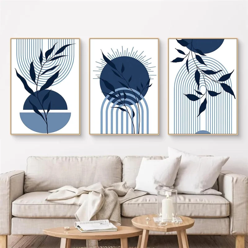 3er Boho Bilder Set Blau Abstrakt Pflanzen Wandposter 50x70cm