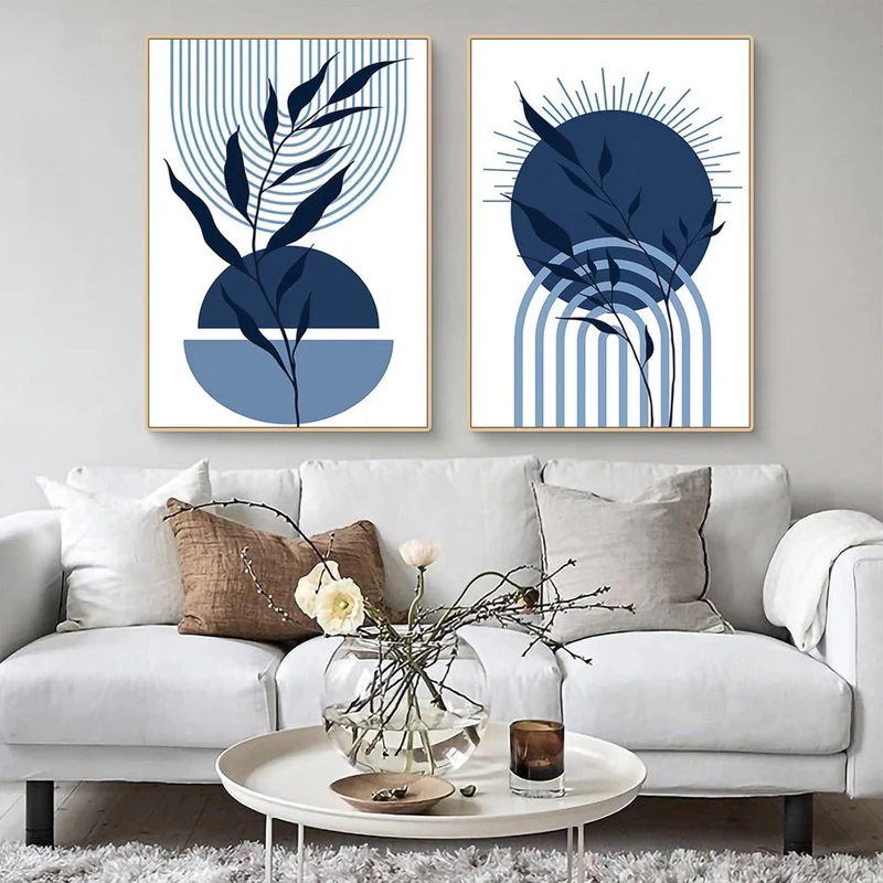3er Boho Bilder Set Blau Abstrakt Pflanzen Wandposter 50x70cm