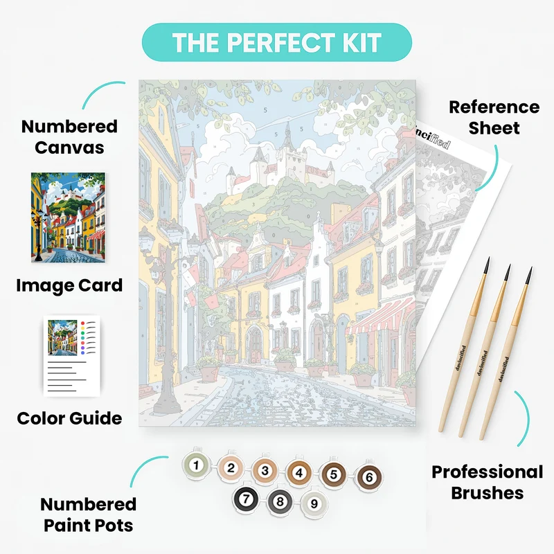 Charming European Village with Castle - Paint by Numbers Kit