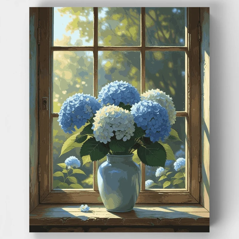 Blue Hydrangeas by Window - Paint by Numbers Kit