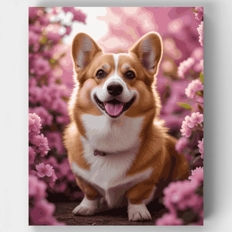 Smiling Corgi in Pink Blossoms - Paint by Numbers Kit