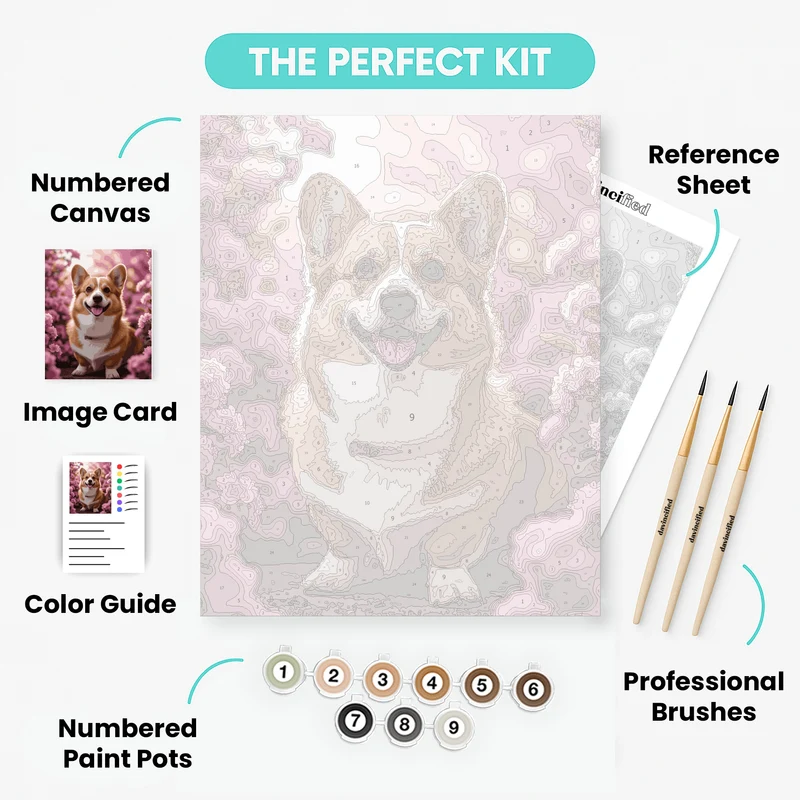 Smiling Corgi in Pink Blossoms - Paint by Numbers Kit