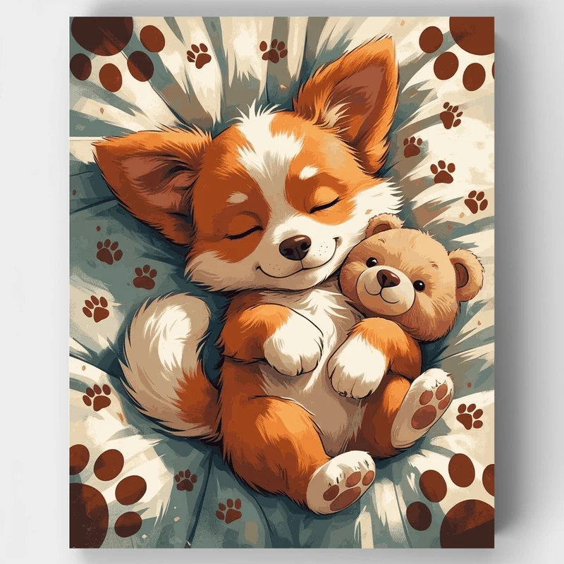 Sleeping Corgi with Teddy Bear - Paint by Numbers Kit