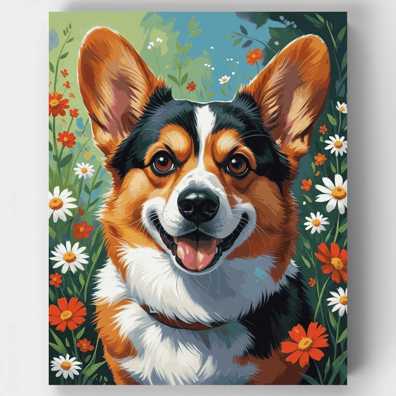 Happy Corgi in Flower Garden - Paint by Numbers Kit