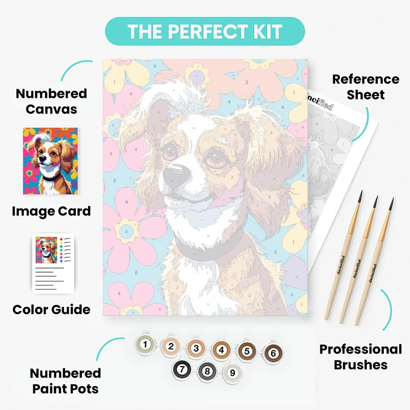 Happy Cavalier King Charles Spaniel with Colorful Flowers - Paint by Numbers Kit
