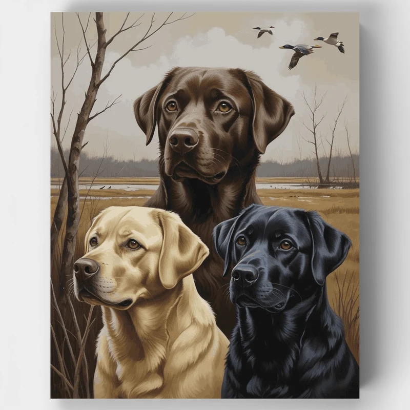 Three Labradors in Hunting Scene - Paint by Numbers Kit