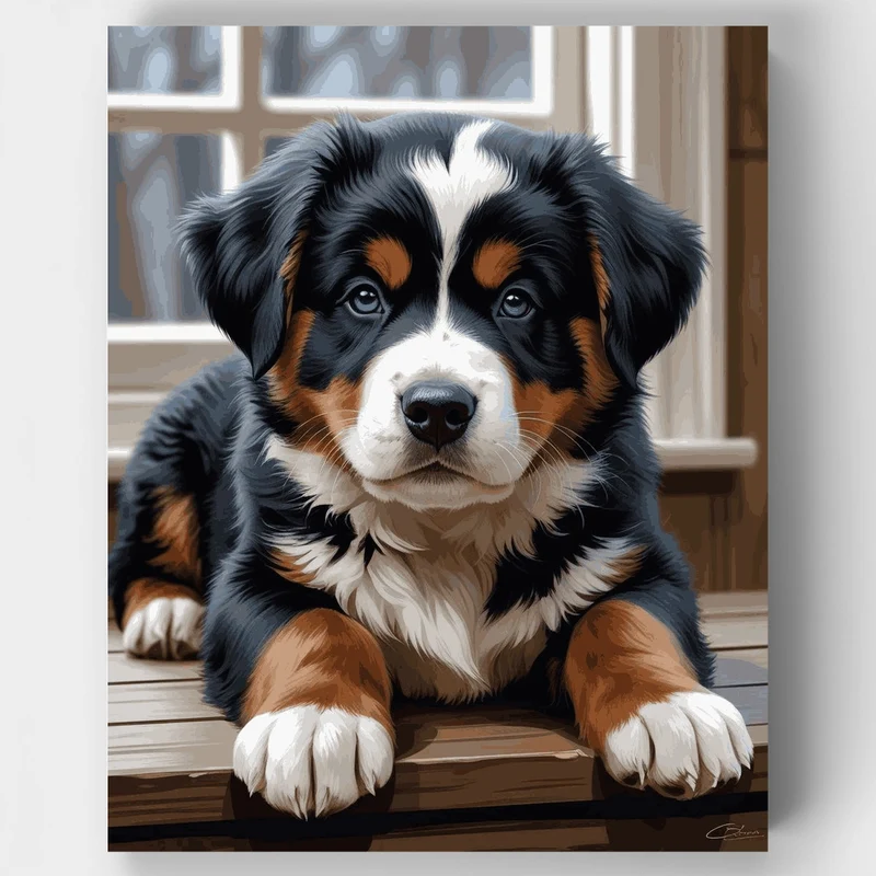 Adorable Bernese Mountain Dog Puppy on Porch - Paint by Numbers Kit