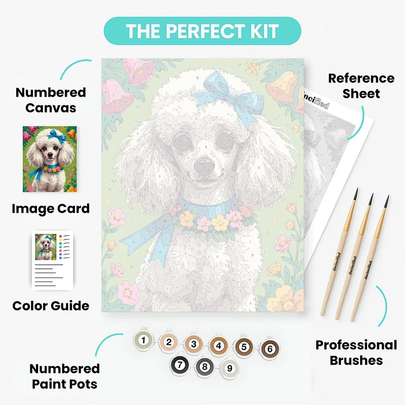 Elegant White Poodle with Blue Bow - Paint by Numbers Kit