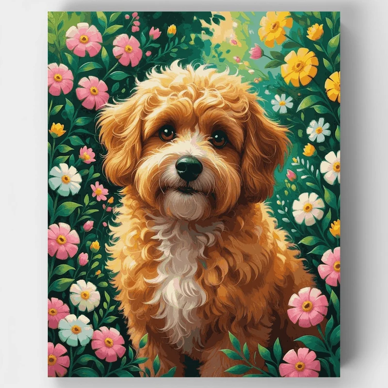 Cavapoo in Blooming Garden - Paint by Numbers Kit