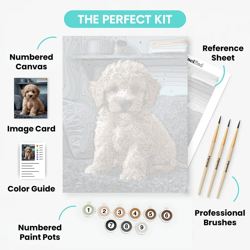 Fluffy Cavapoo Puppy on Gray Blanket - Paint by Numbers Kit