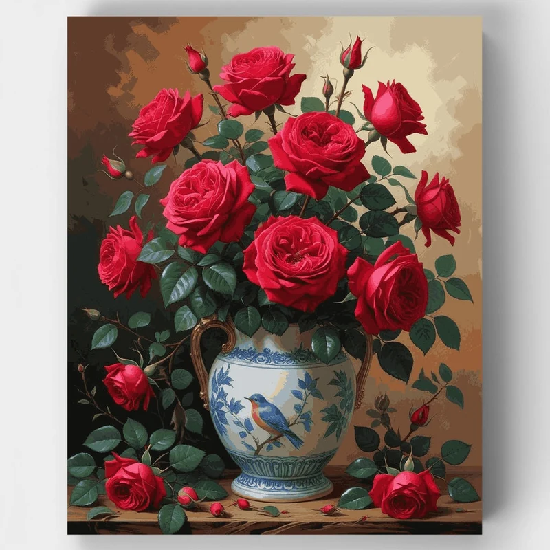 Red Roses in Decorative Vase - Paint by Numbers Kit