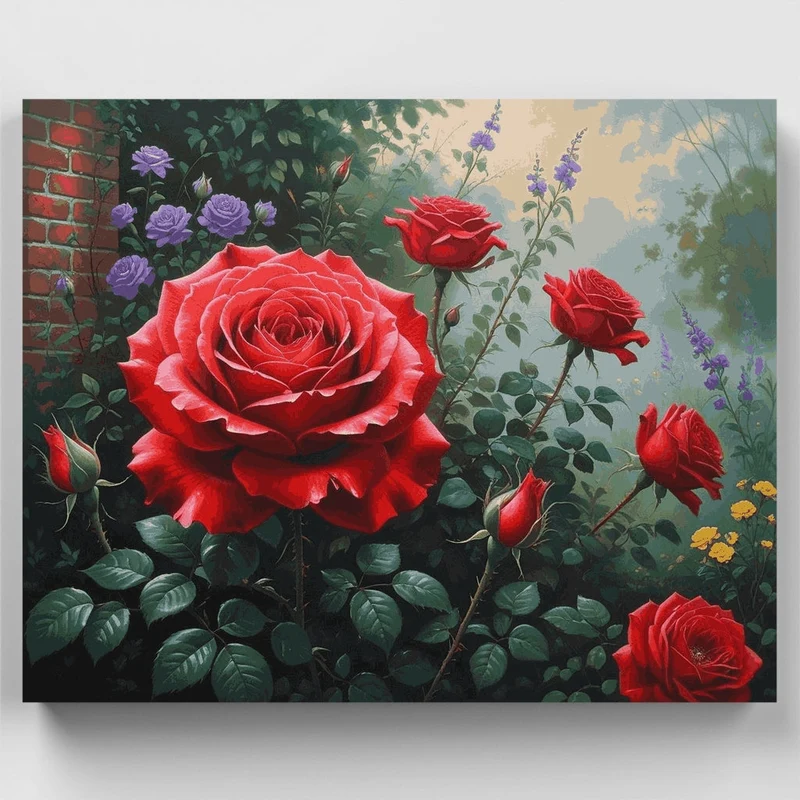 Red Roses Garden Scene - Paint by Numbers Kit