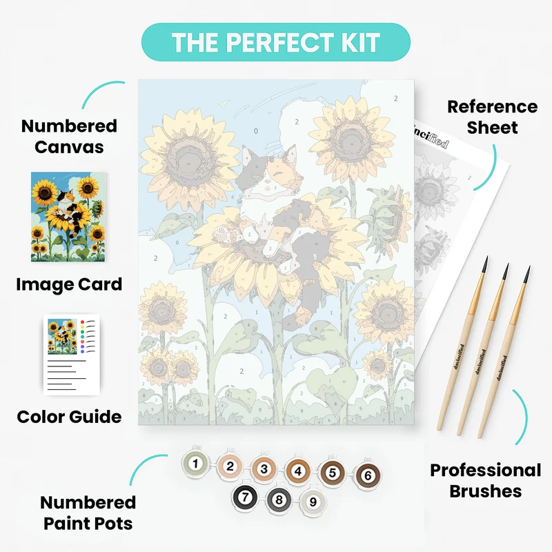 Calico Cat Resting on Sunflowers - Paint by Numbers Kit