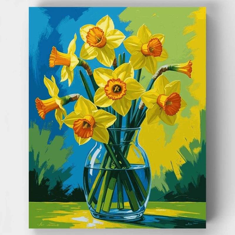 Golden Daffodils in Clear Vase - Paint by Numbers Kit
