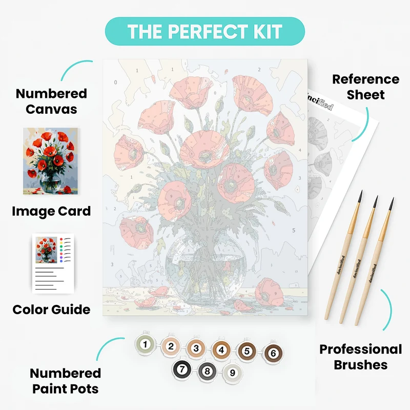 Abstract Red Poppies in Glass Vase - Paint by Numbers Kit