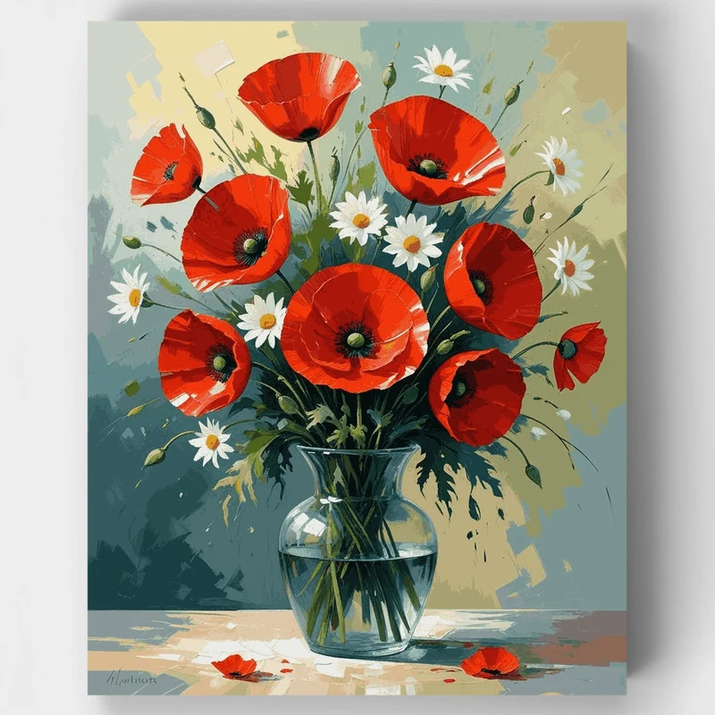 Red Poppies and Daisies Bouquet - Paint by Numbers Kit