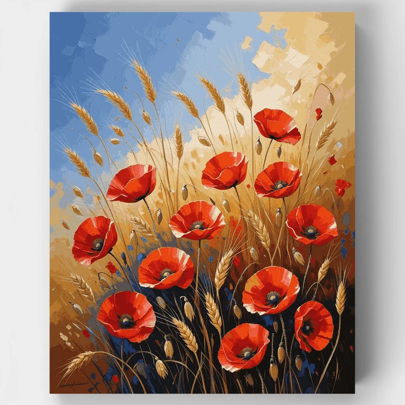 Red Poppies in Golden Wheat Field - Paint by Numbers Kit