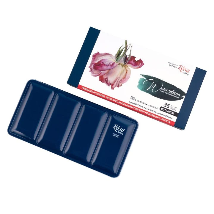 ROSA GALLERY Aquarellfarben-Set "Botanical", Metallkasten, 35 Farben, ganze Näpfchen