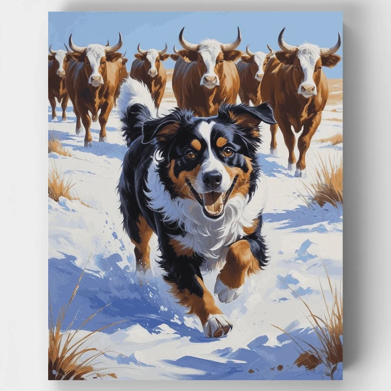 Australian Shepherd Herding Cattle in Snow - Paint by Numbers Kit