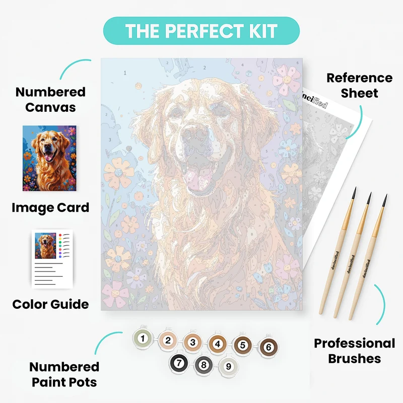 Happy Golden Retriever with Flowers - Paint by Numbers Kit