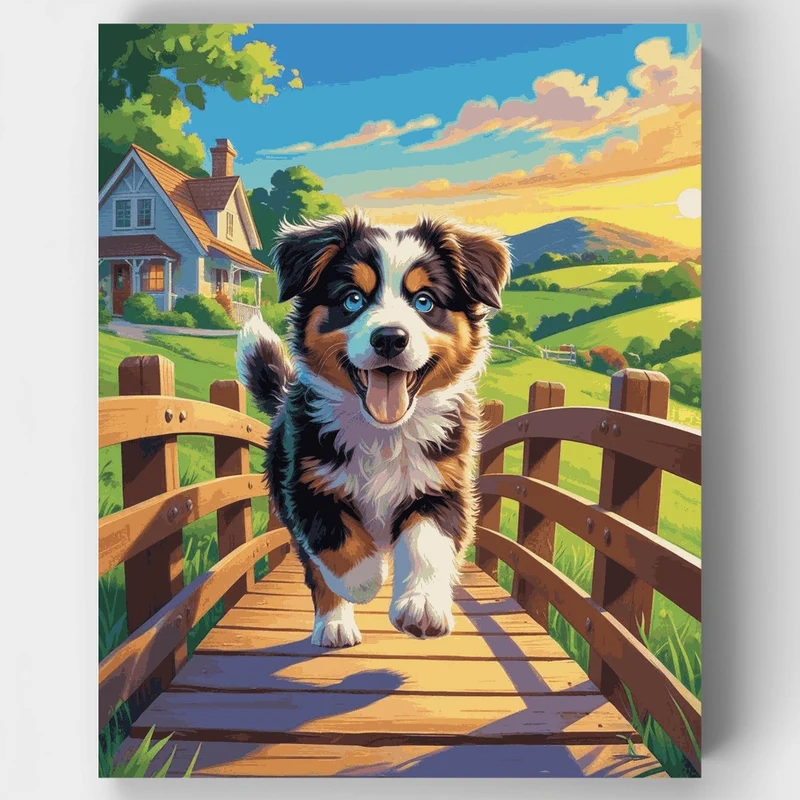 Australian Shepherd Puppy on Bridge - Paint by Numbers Kit